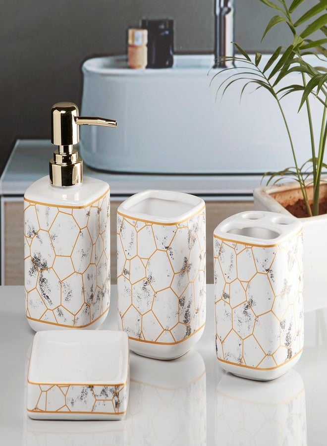 Kookee Ceramic Bathroom Set - Stylish 4 Piece Bath Accessories Kit with Soap Dispenser, Toothbrush Holder, Tumbler & Soap Dish - Modern & Designer Decor for Home & Guest Bathrooms, White/Gold (9898) - Image 1